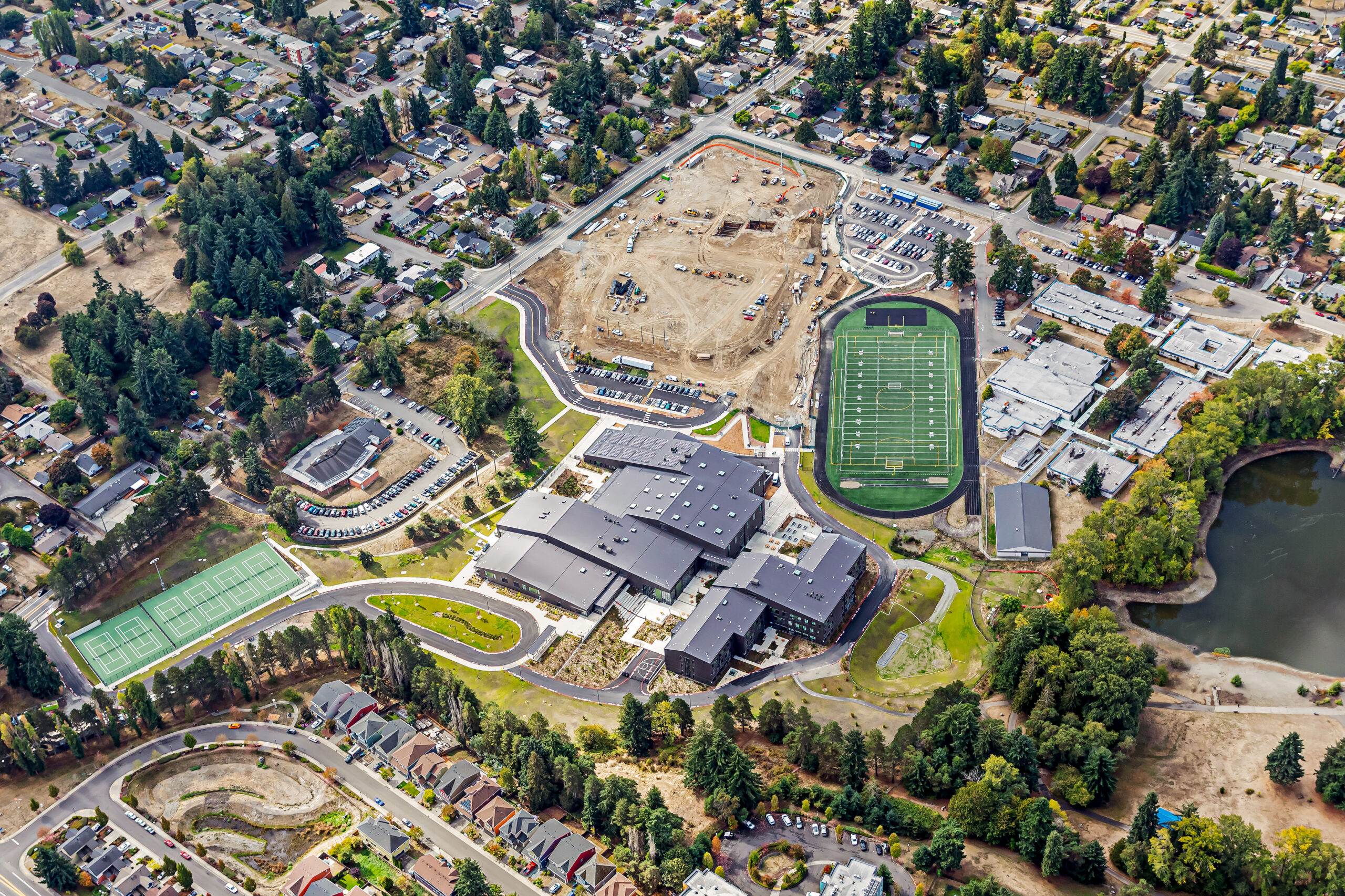 Aerial view of the Evergreen High School construction project in Seattle, WA, October 2025.